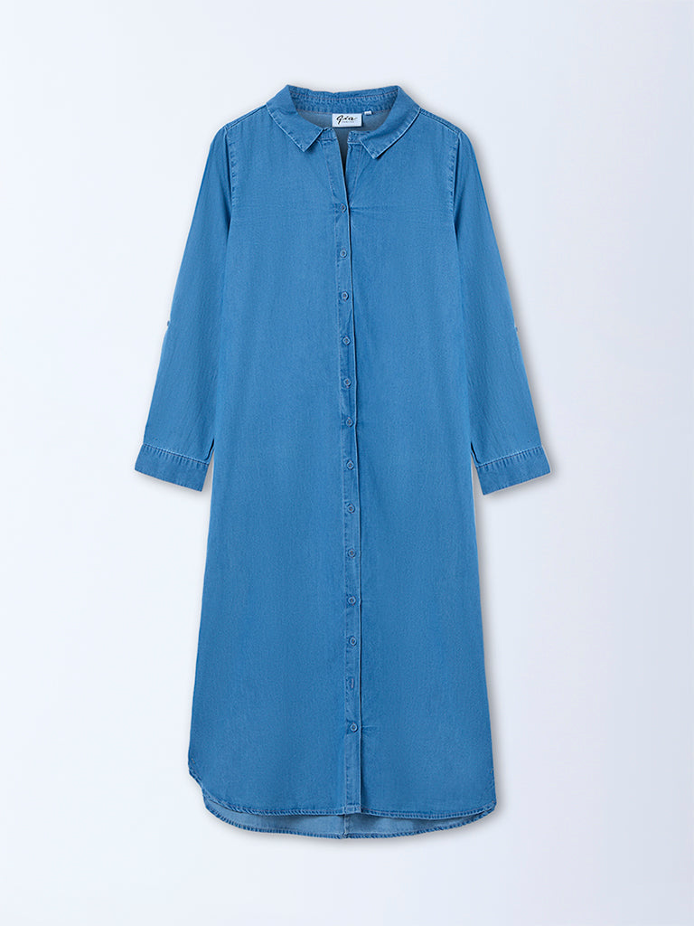 Gia Light Blue Solid Denim Shirt Dress