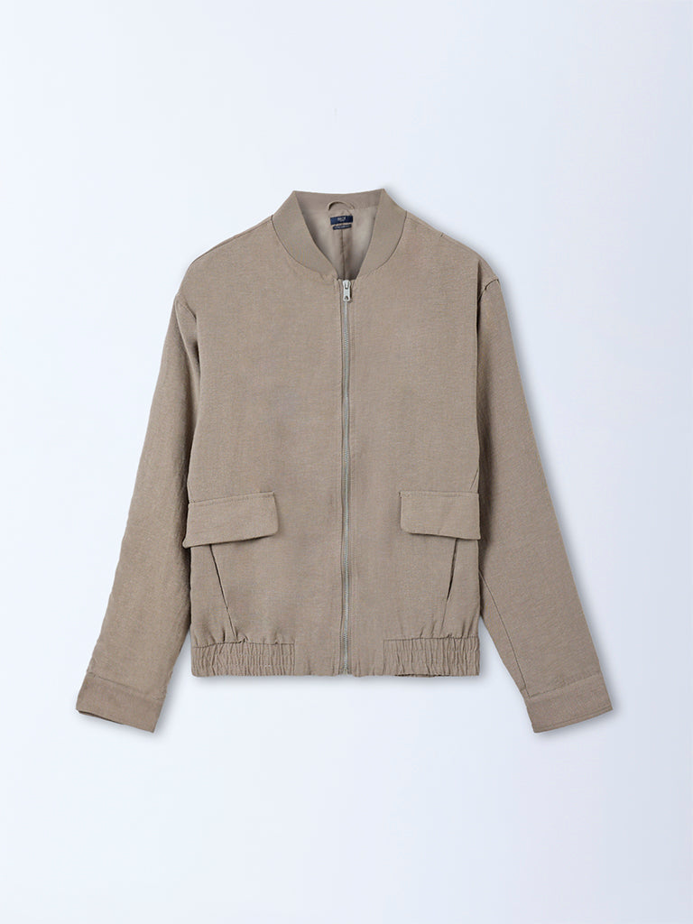 Ascot Taupe Solid Relaxed Fit Bomber Jacket