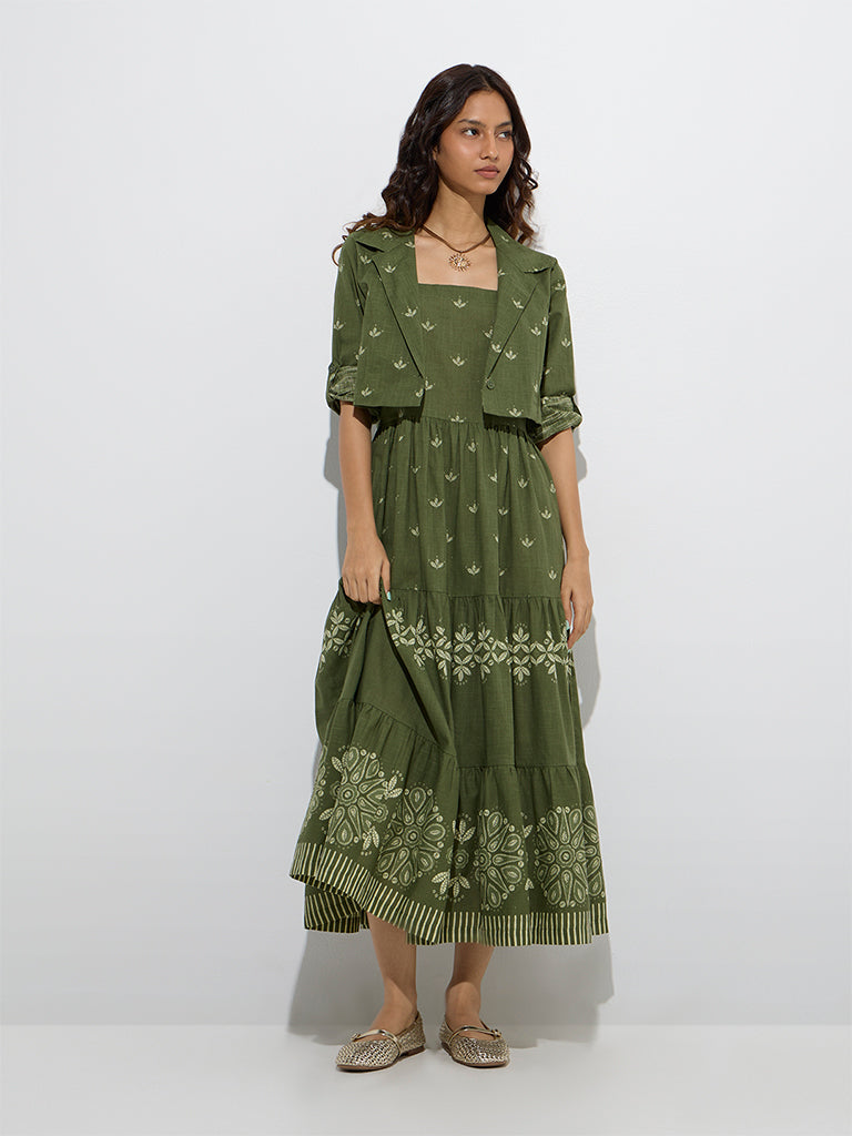 Bombay Paisley Olive Floral Cotton Tiered Dress with Jacket