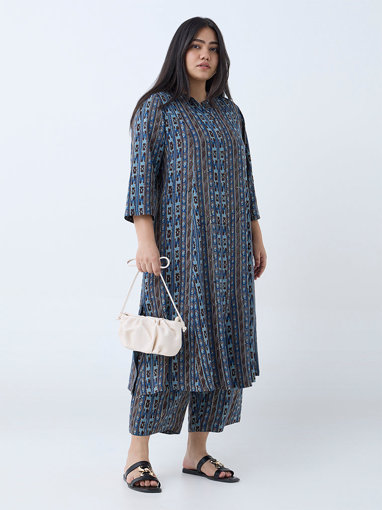 Diza Blue Stripe Detailed A-Line Kurta
