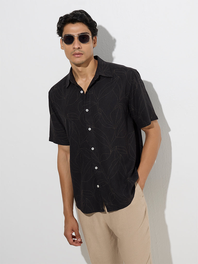 Ascot Black Leaf Design Relaxed-Fit Cotton-Blend Shirt