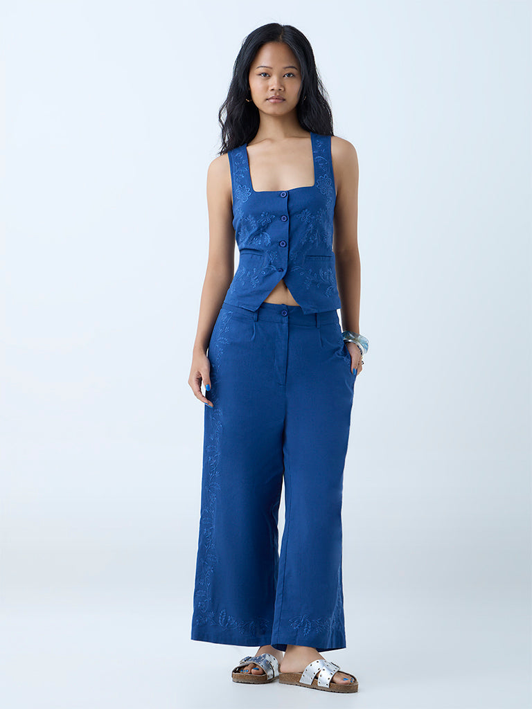 Bombay Paisley Blue Floral Embroidered Cotton Pants