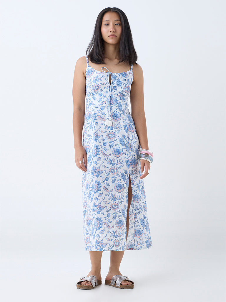 Bombay Paisley Blue Botanical Design Cotton Straight Dress
