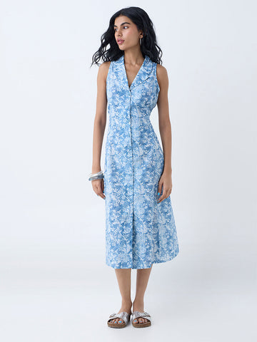 Bombay Paisley Blue Foliage Pattern Cotton Shirt Dress