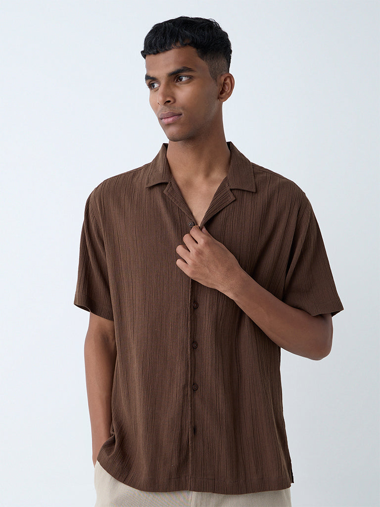 ETA Brown Crinkle-Textured Relaxed-Fit Cotton Shirt
