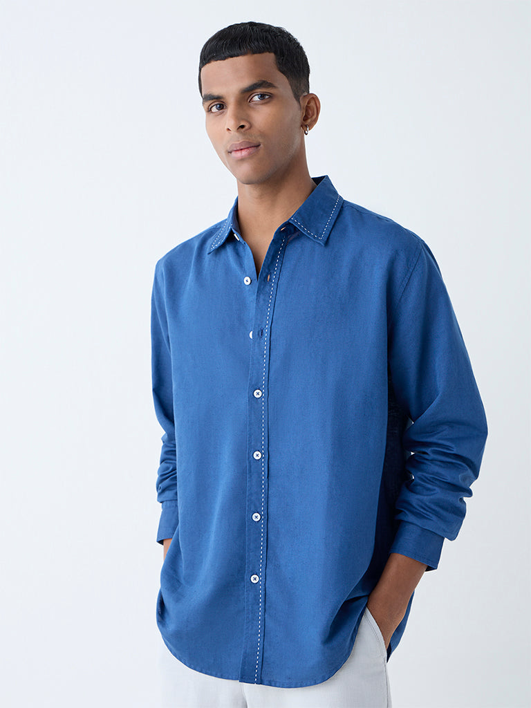 ETA Blue Solid Relaxed-Fit Shirt