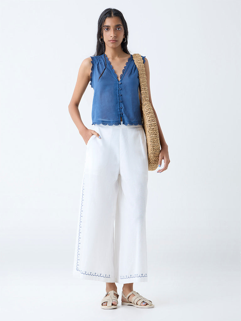 Bombay Paisley Indigo Scallop Detailed Cotton Top