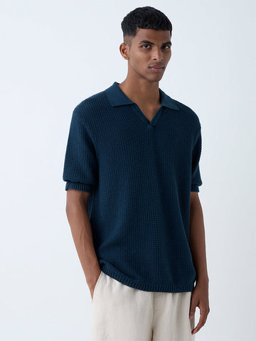ETA Dark Teal Knit-Textured Relaxed-Fit Polo T-Shirt