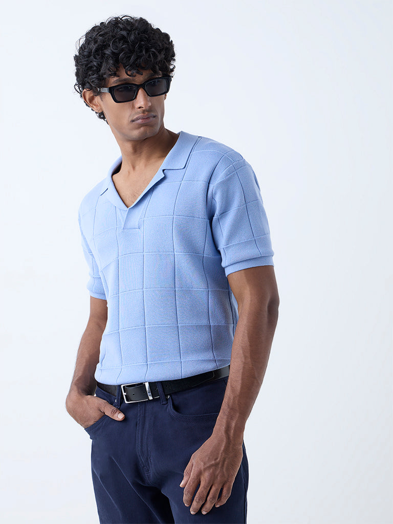 Ascot Blue Checkered Relaxed-Fit Cotton-Blend T-Shirt