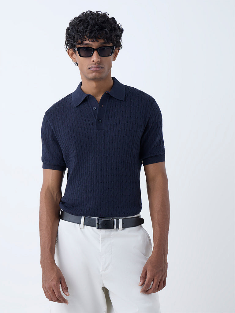 Ascot Navy Cable-Knit Relaxed-Fit Cotton Polo T-Shirt