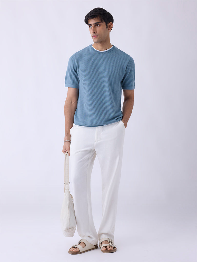 ETA Dusty Blue Woven-Textured Relaxed-Fit Cotton T-Shirt