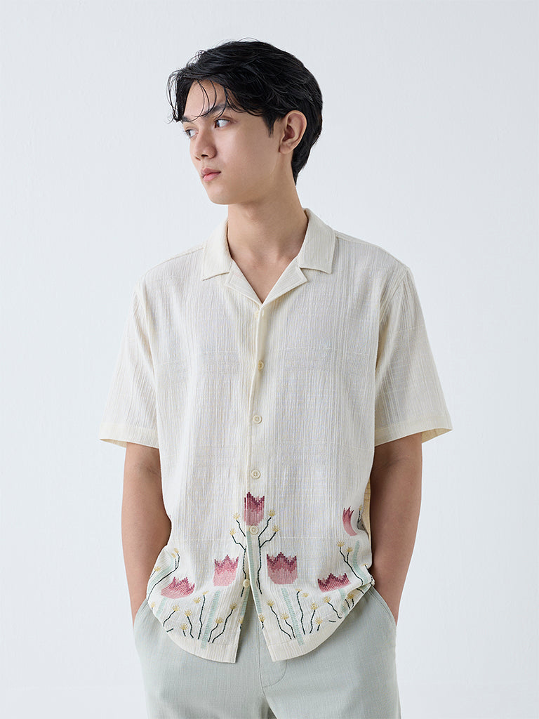 ETA Off-White Floral Embroidered Relaxed-Fit Cotton Shirt