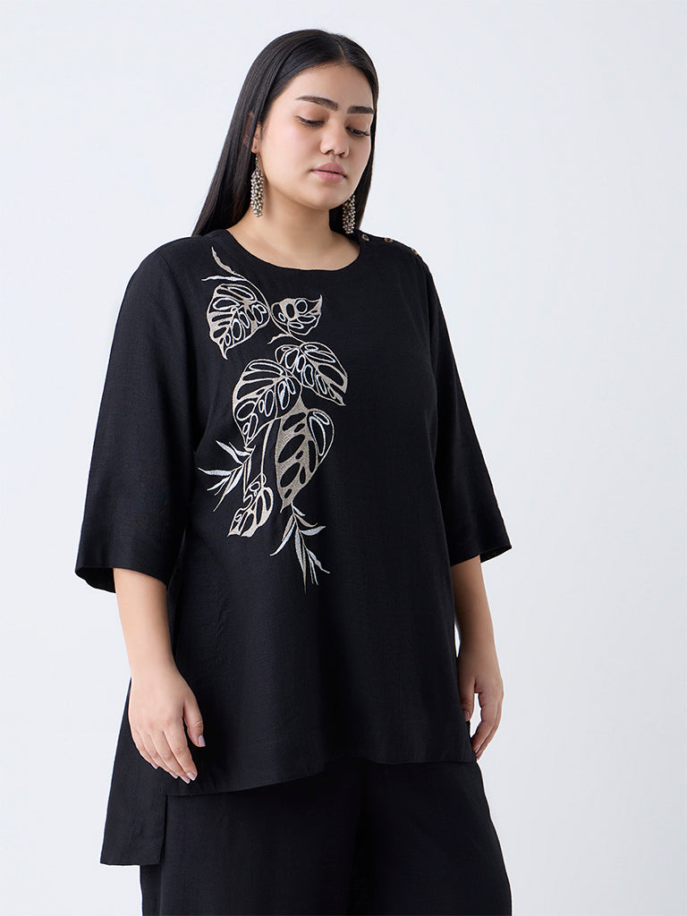 Diza Black Embroidered A-Line Kurti