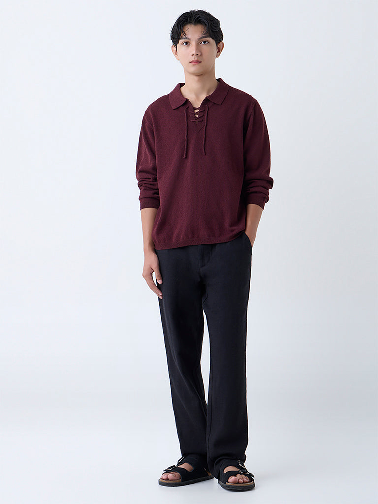 ETA Maroon Knitted Relaxed-Fit Cotton-Blend Sweater