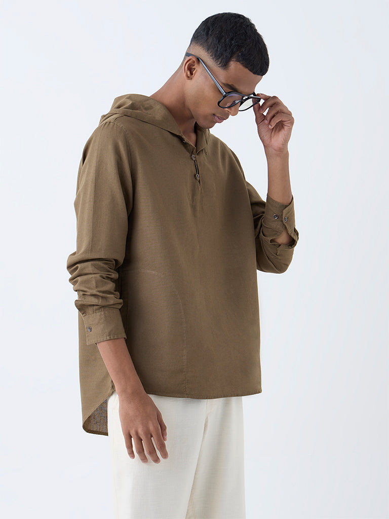 ETA Brown Solid Relaxed-Fit Cotton-Blend Hooded Shirt