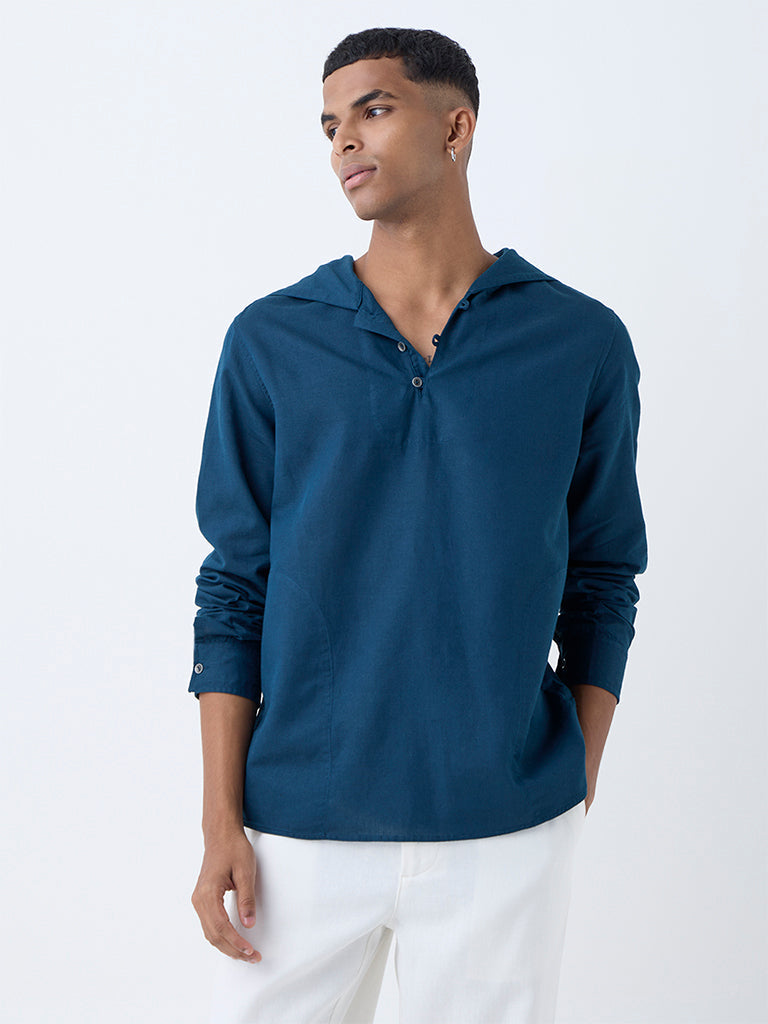 ETA Dark Teal Solid Relaxed-Fit Cotton-Blend Hooded Shirt