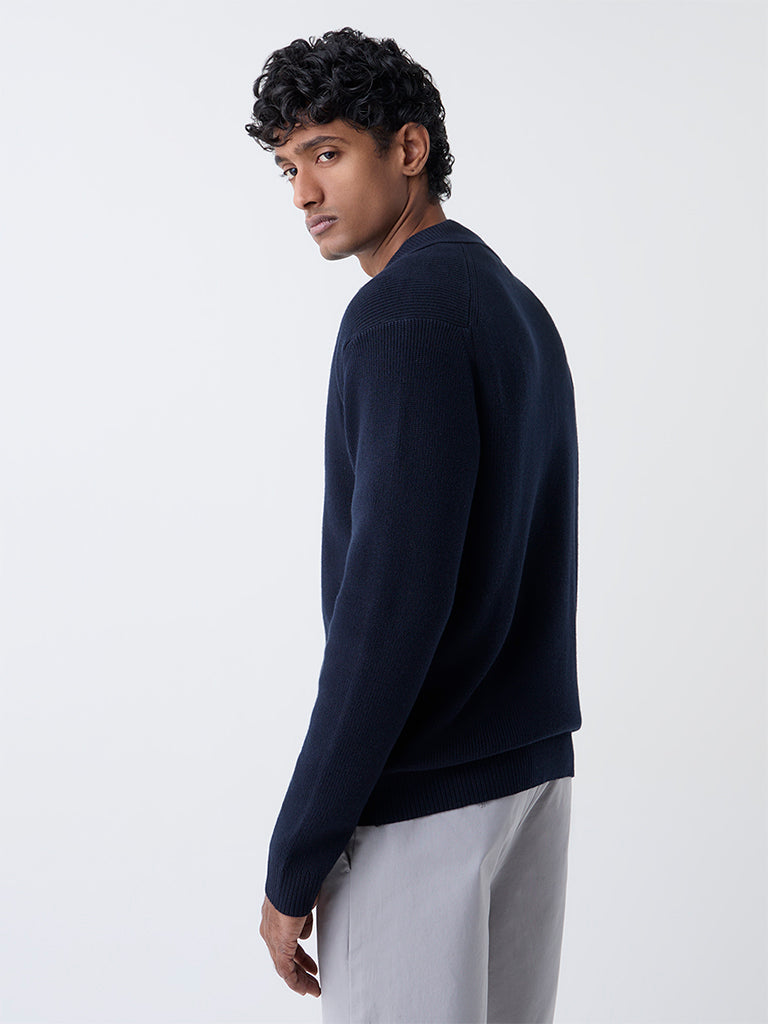 Ascot Navy Knit-Textured Relaxed-Fit Cotton Polo Sweater