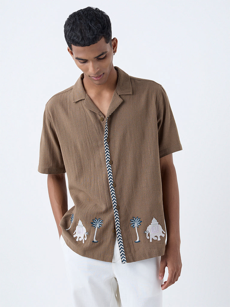 ETA Brown Embroidered Relaxed-Fit Cotton Shirt