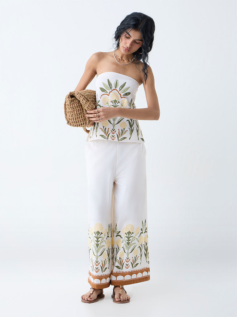 Bombay Paisley White Foliage Print Cotton-Blend Palazzos