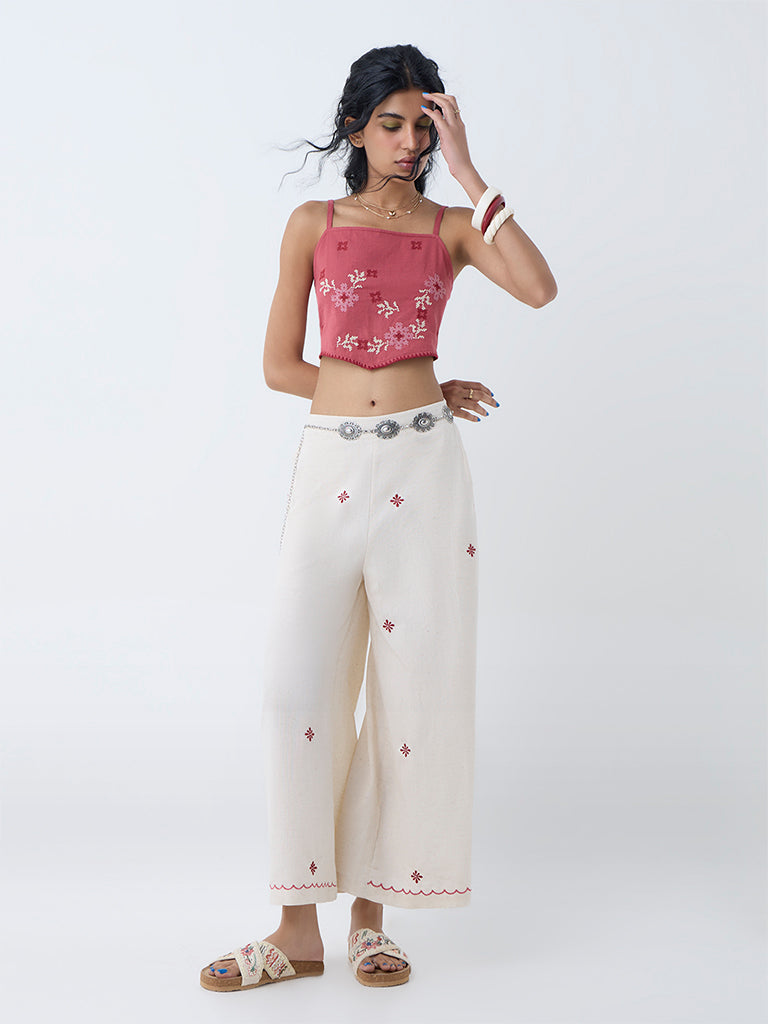 Bombay Paisley Off-White Embroidered Cotton-Blend Palazzos