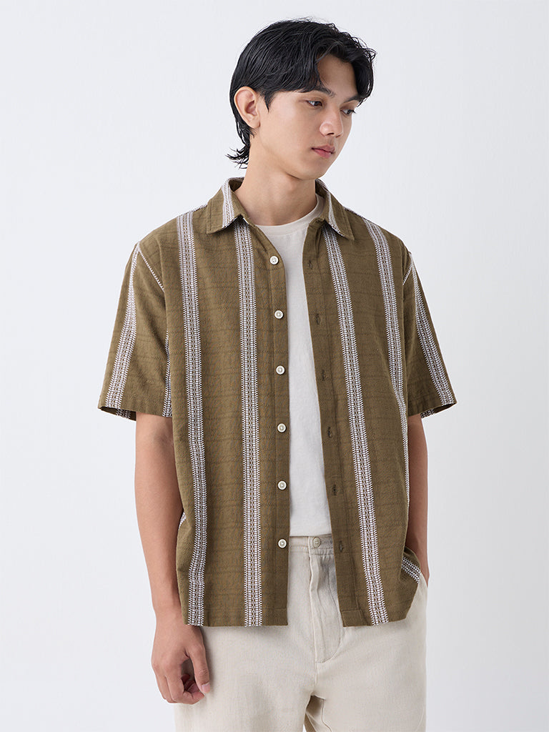 ETA Brown Embroidered Relaxed-Fit Cotton Shirt