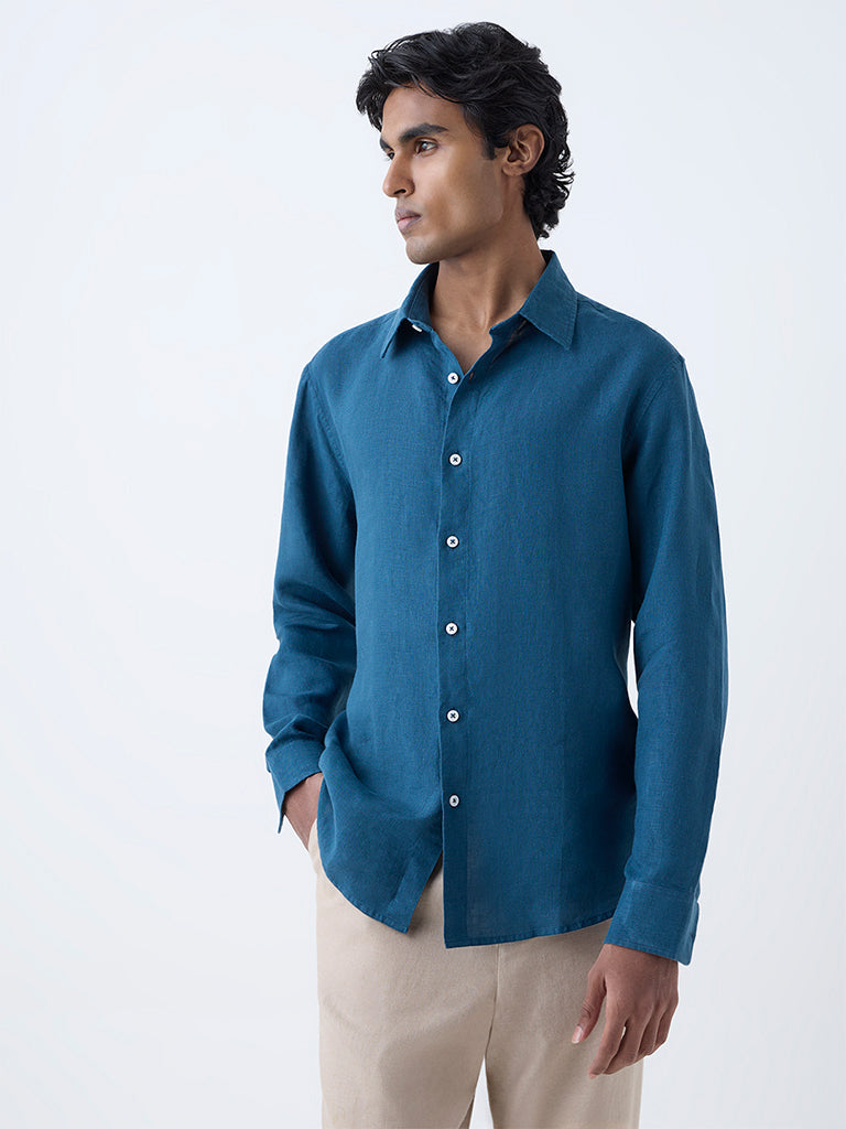 Ascot Teal Solid Relaxed-Fit Linen Shirt