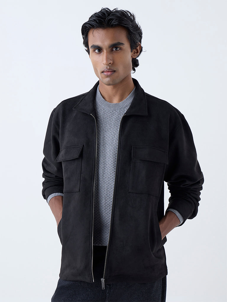 Ascot Black Solid Relaxed-Fit Suede Jacket