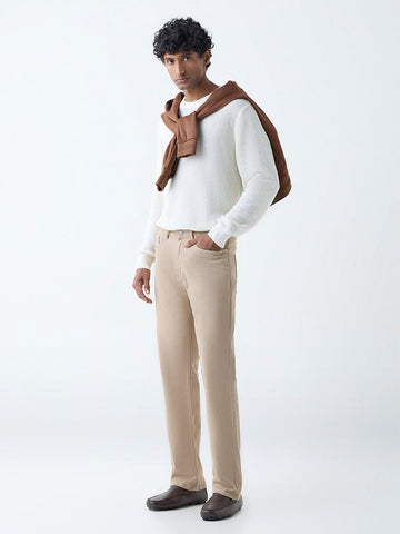Ascot Beige Solid Relaxed-Fit Mid-Rise Jeans
