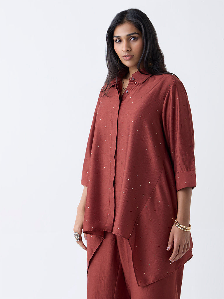Diza Rust Embellished Asymmetric Tunic