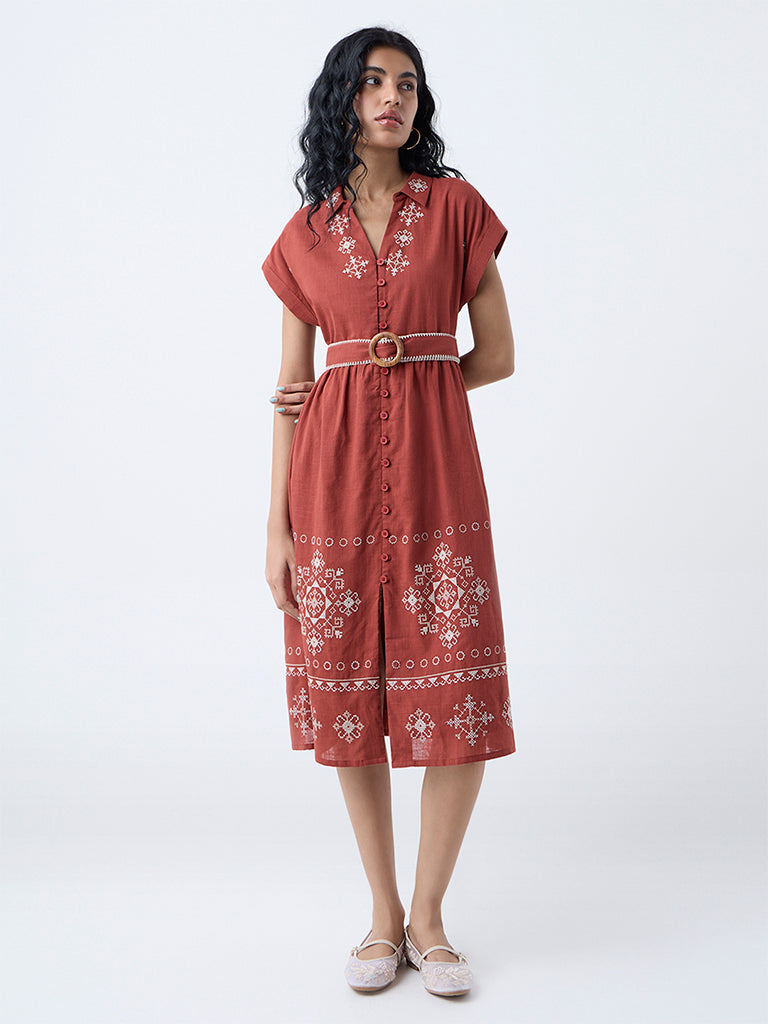Bombay Paisley Rust Embroidered Cotton Shirt Dress with Belt