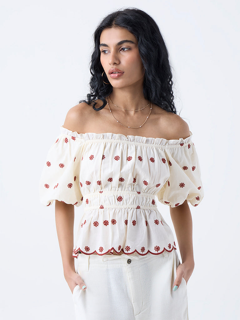 Bombay Paisley Cream Floral Embroidered Cotton Top