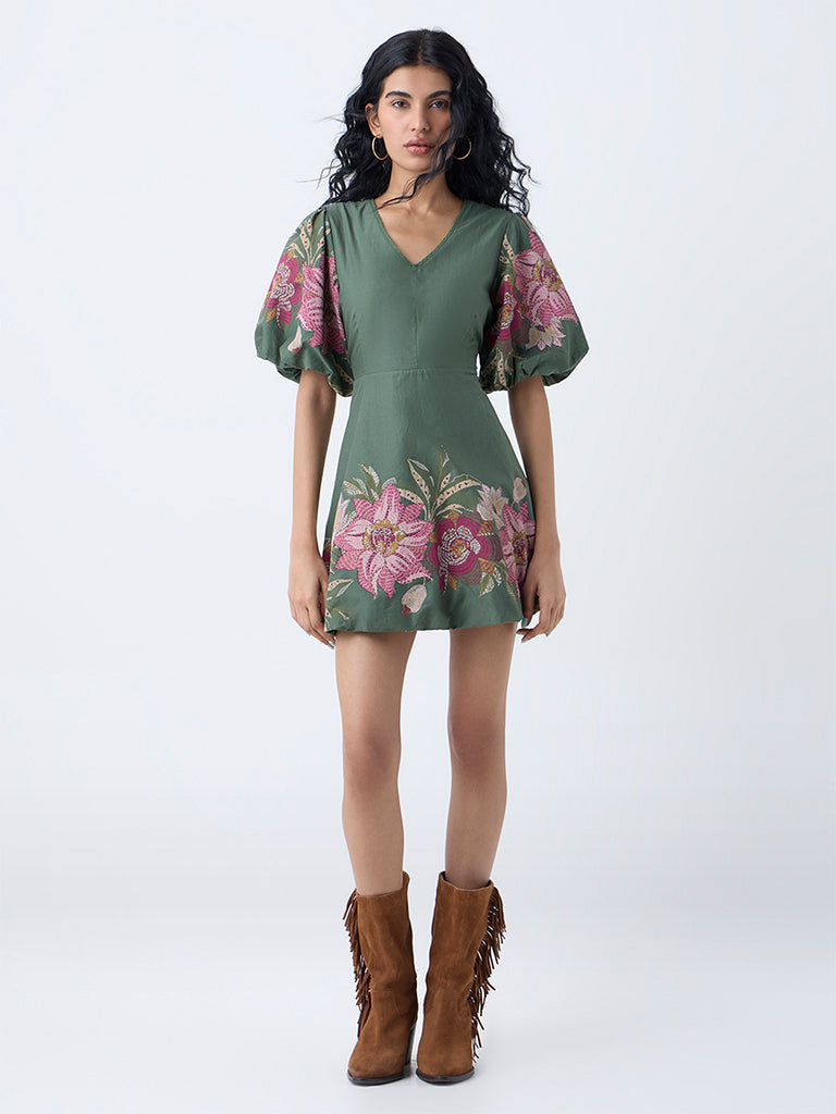 Bombay Paisley Sage Floral Printed Cotton A-Line Dress