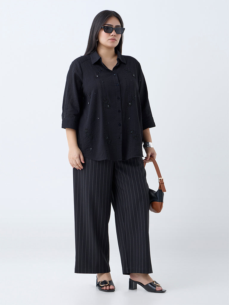 Gia Black Pinstriped High-Rise Trousers with Belt