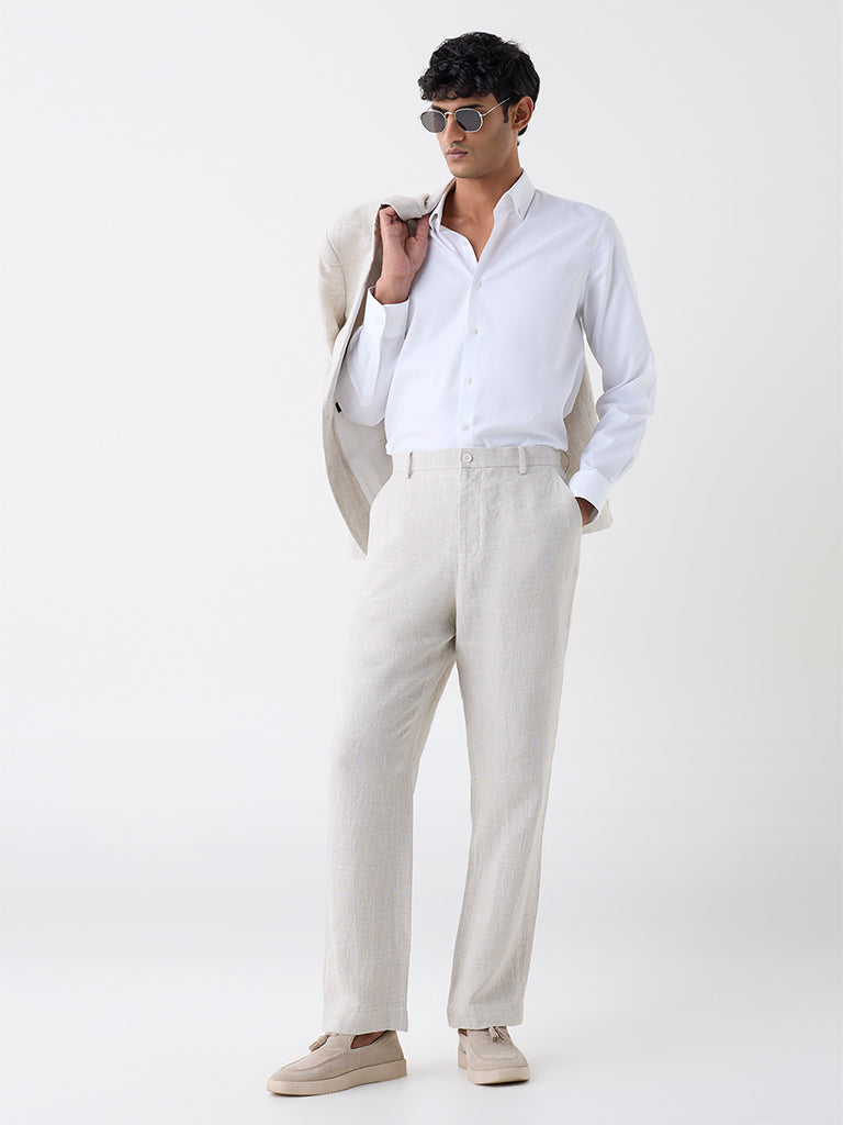 Ascot Beige Checked Relaxed-Fit Mid-Rise Linen Trousers
