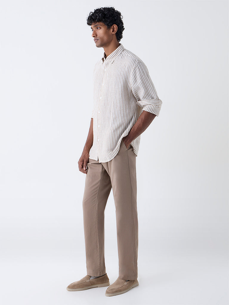 Ascot Beige Striped Relaxed-Fit Linen Shirt