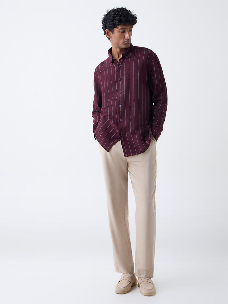 Ascot Wine Striped Relaxed-Fit Linen Shirt