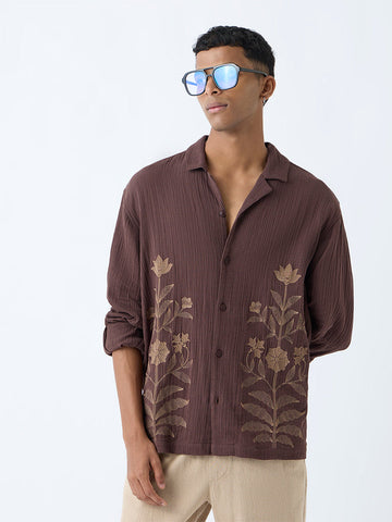 ETA Brown Floral Embroidered Relaxed-Fit Cotton Shirt