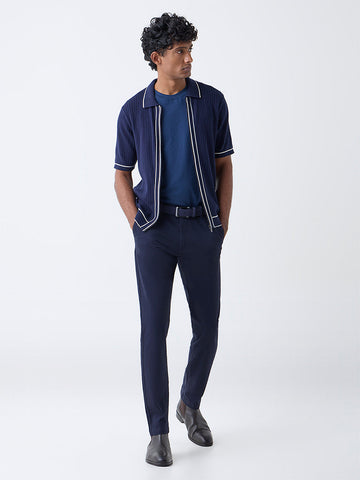 Ascot Navy Ribbed-Textured Relaxed-Fit Cotton-Blend T-Shirt