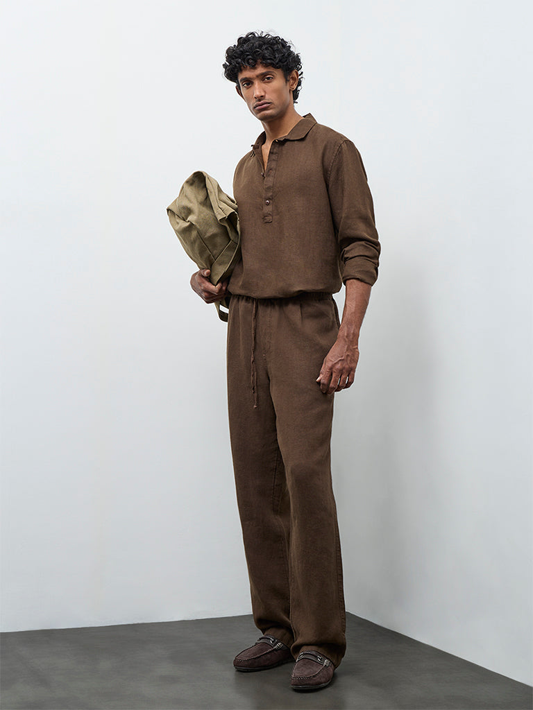 Ascot Brown Relaxed-Fit Mid-Rise Linen Chinos