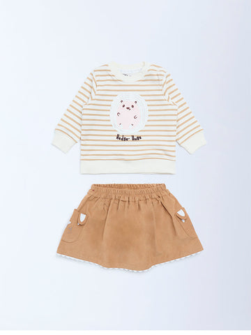 HOP Baby Beige Cotton-Blend Sweatshirt and Skirt Set