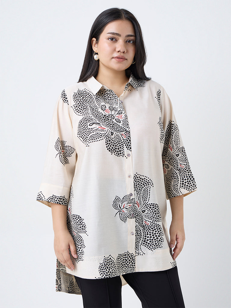 Diza Cream Floral Printed High-Low Tunic