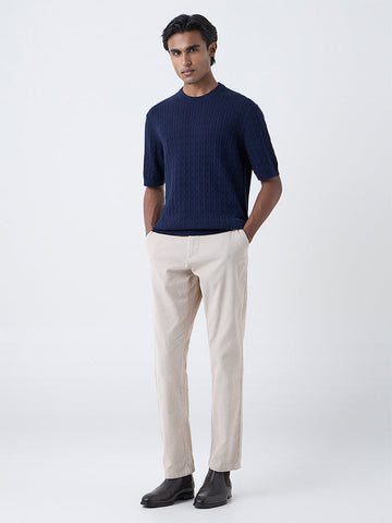 Ascot Navy Cable-Knit Relaxed-Fit Cotton T-Shirt