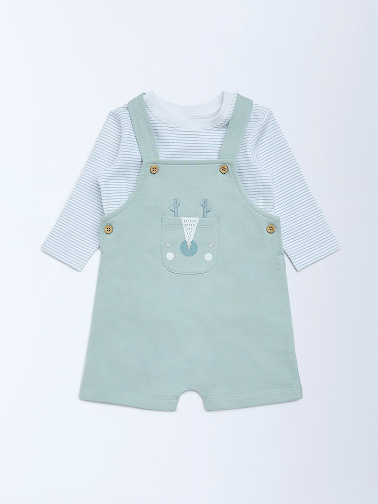 HOP Baby Sage Embroidered Cotton Dungaree and T-Shirt Set