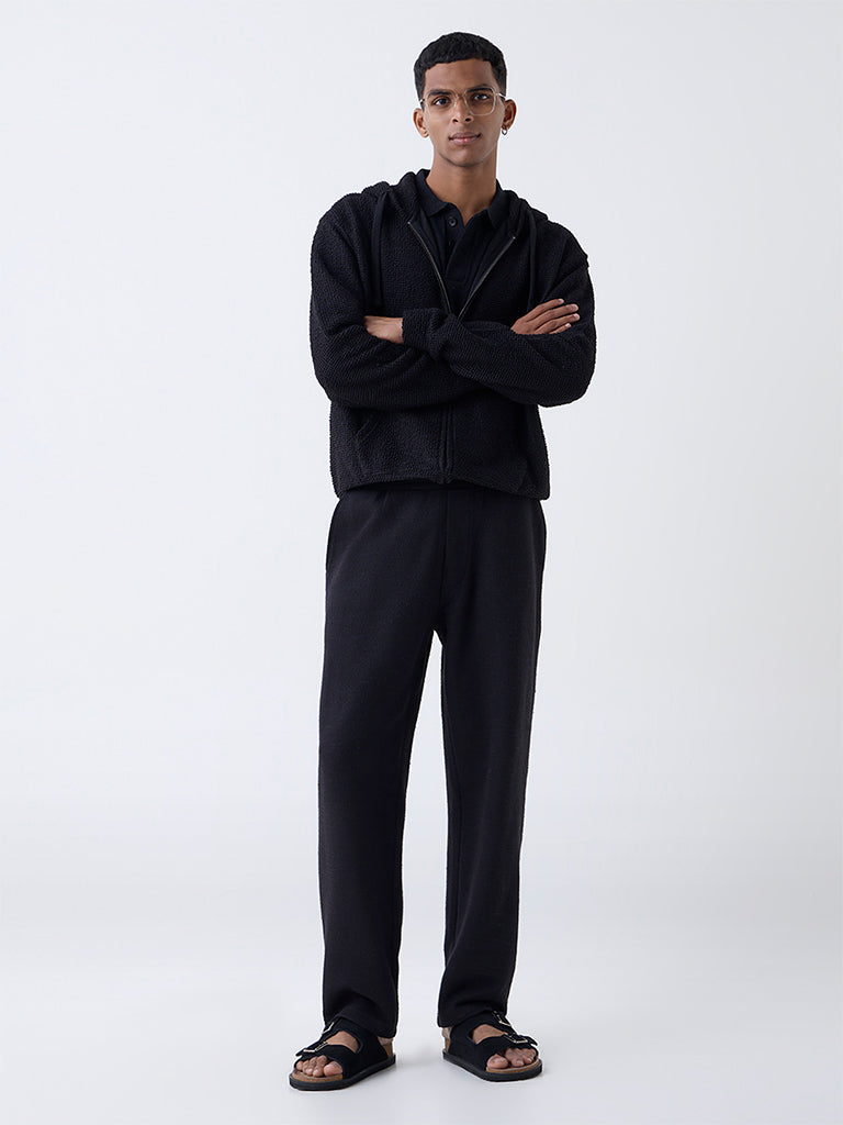 ETA Black Textured Relaxed-Fit Mid-Rise Cotton-Blend Pants