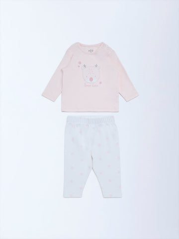 HOP Baby Pink Embroidered Cotton T-Shirt and Pants Set
