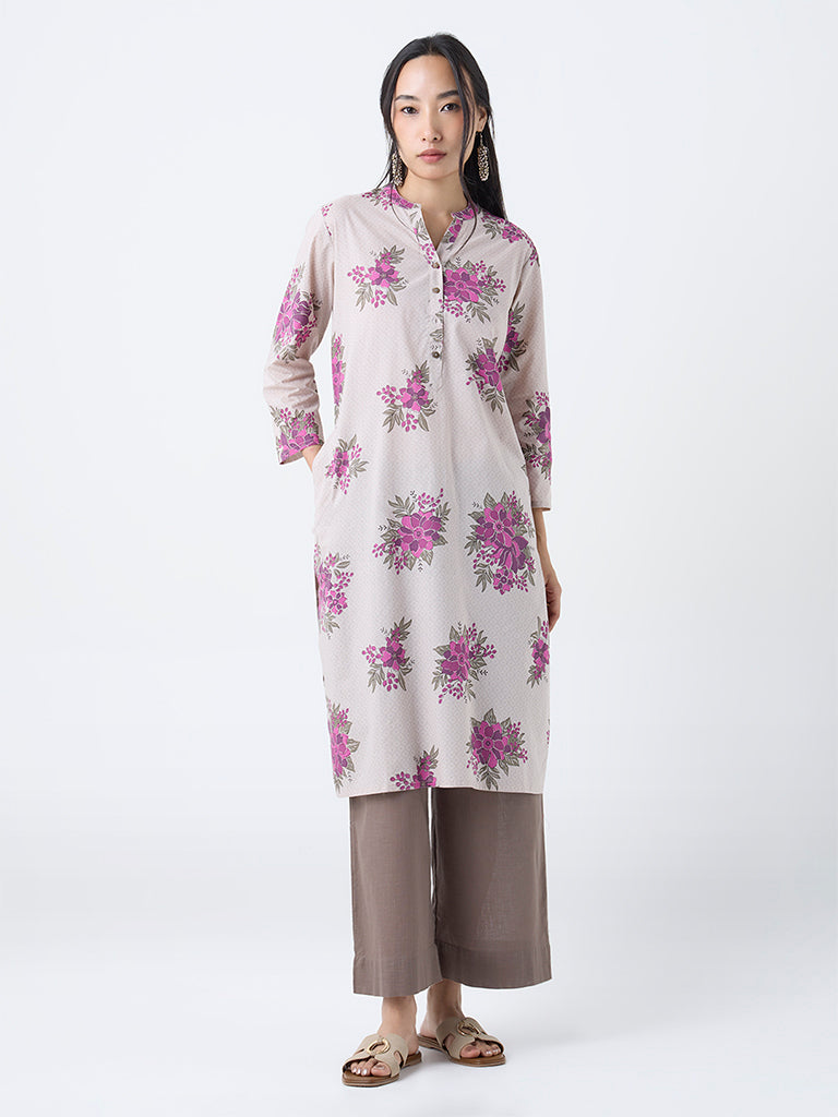 Utsa Beige Floral Design Straight Cotton Kurta