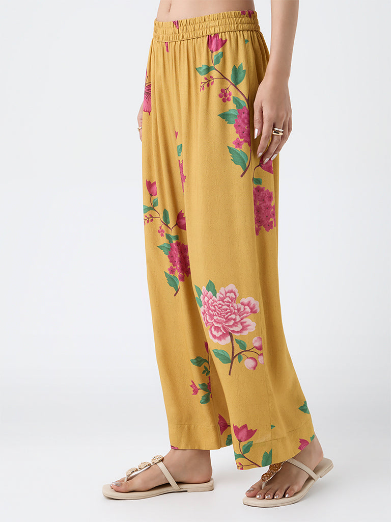 Utsa Mustard Floral Printed Pants