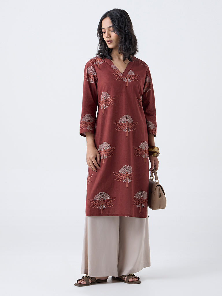 Utsa Brown Dragonfly Print Straight Cotton Kurta