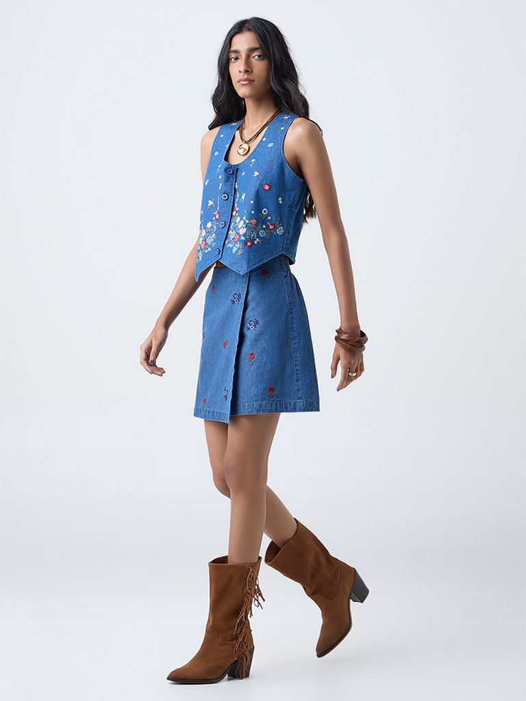 Bombay Paisley Blue Embroidered High-Rise Denim Skorts