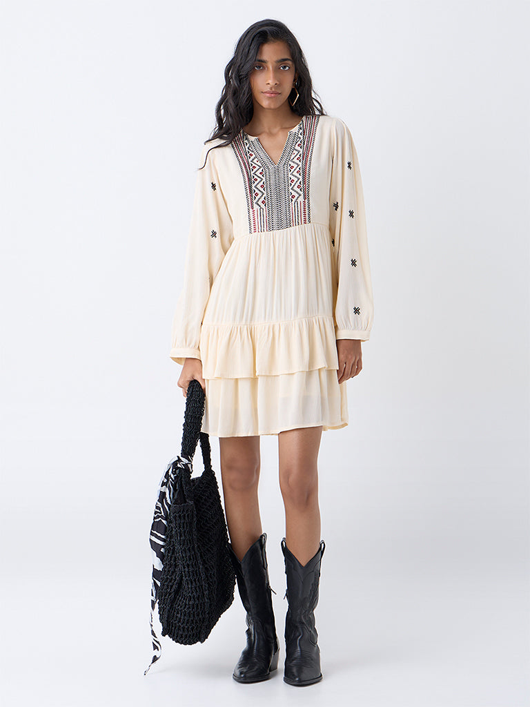 Bombay Paisley Cream Aztec Embroidered Cotton Tiered Dress